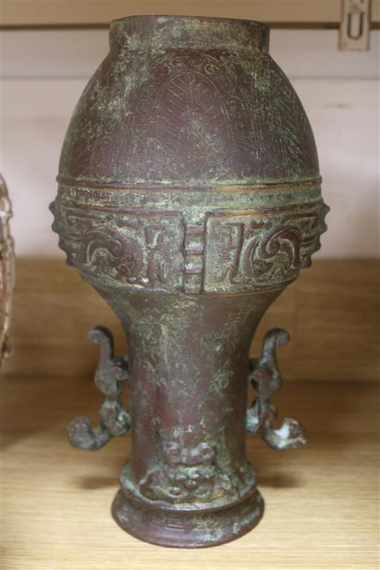 A group of Oriental ceramics, a lacquer box, a bronze, etc.